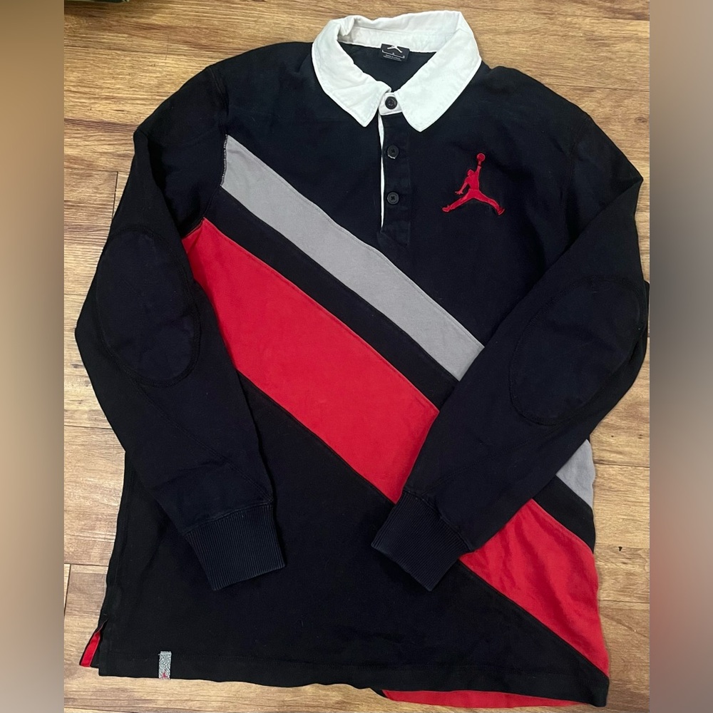 VINTAGE Y2K - NIKE AIR JORDAN - BRED - Long-Sleeve Contrast Striped Rugby Polo